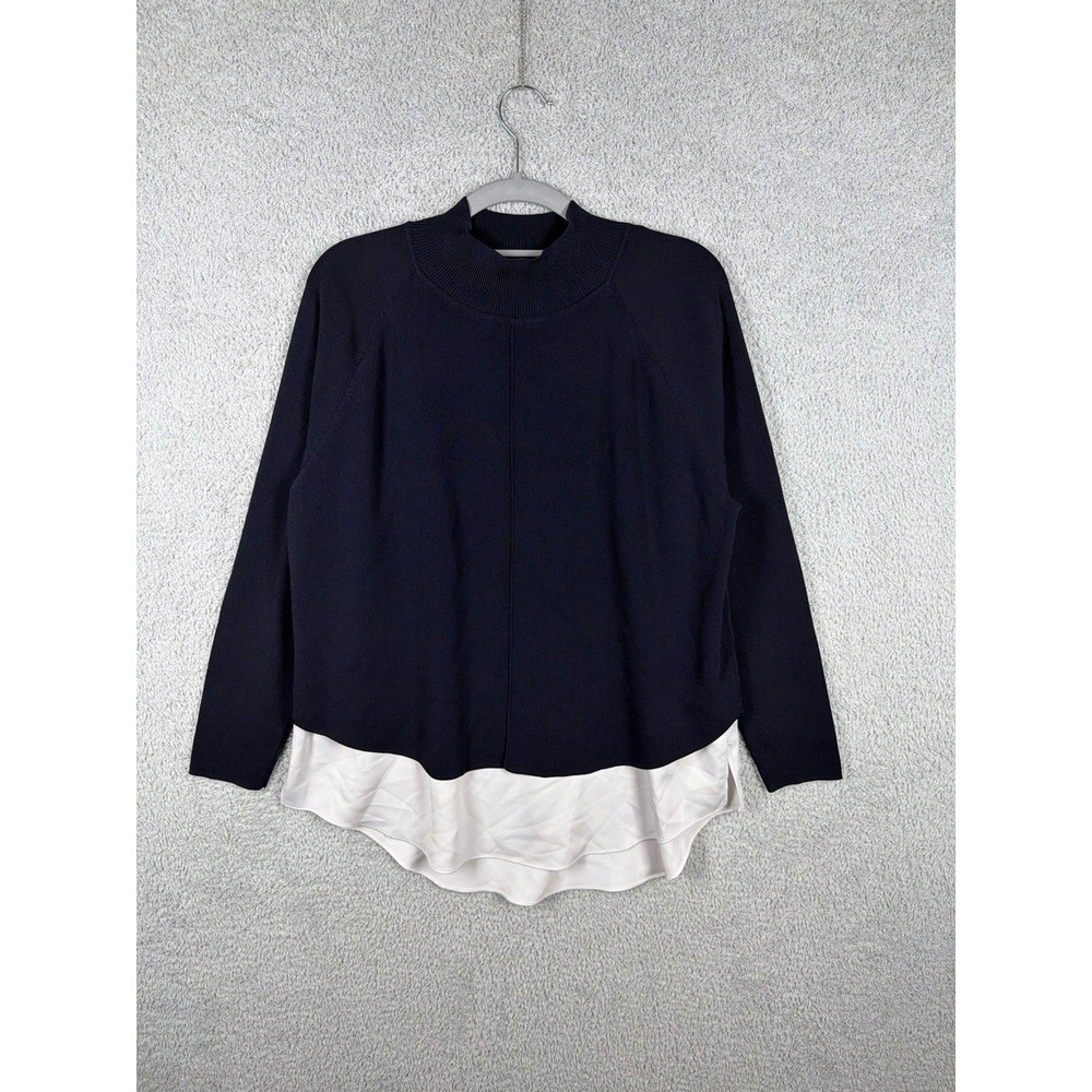 Ted Baker Womens Size 3 Navy Mock Neck Sweater Layered White Shirt Hem Popila